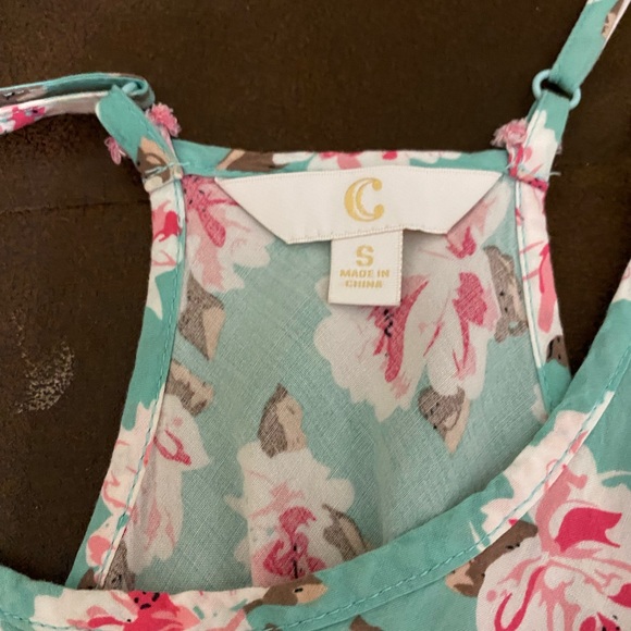 Cute strappy summer dress. Halter back, beautiful teal color with pink flowers. - Picture 2 of 3